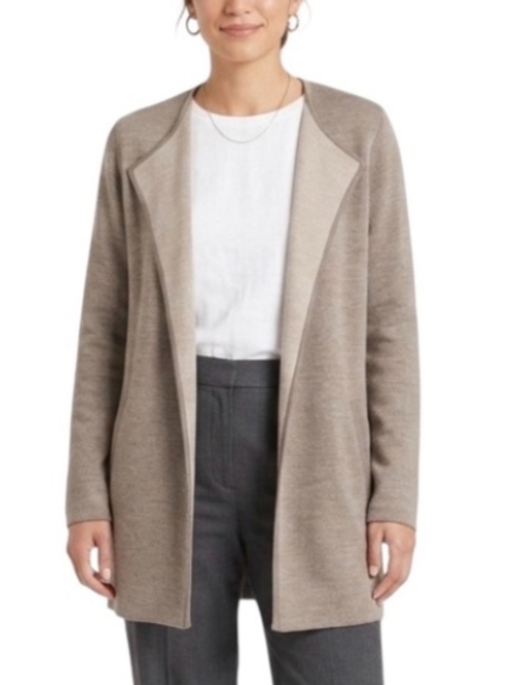 Talbots Merino Wool Open Front Cardigan Jacket Petites Heathered Taupe Modest
